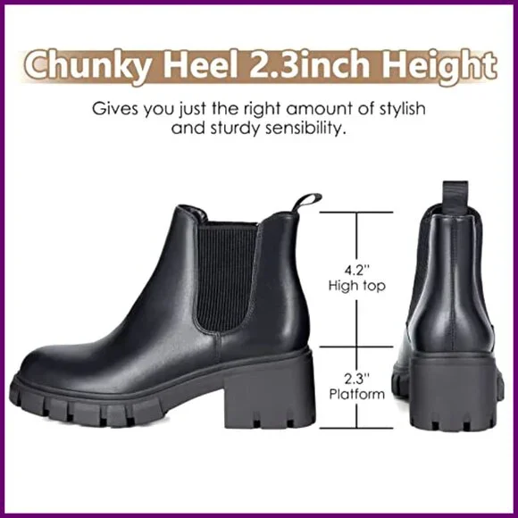 Women's Chelsea Boots Lug Sole Chunky Heel Slip On Elastic Ankle Booties